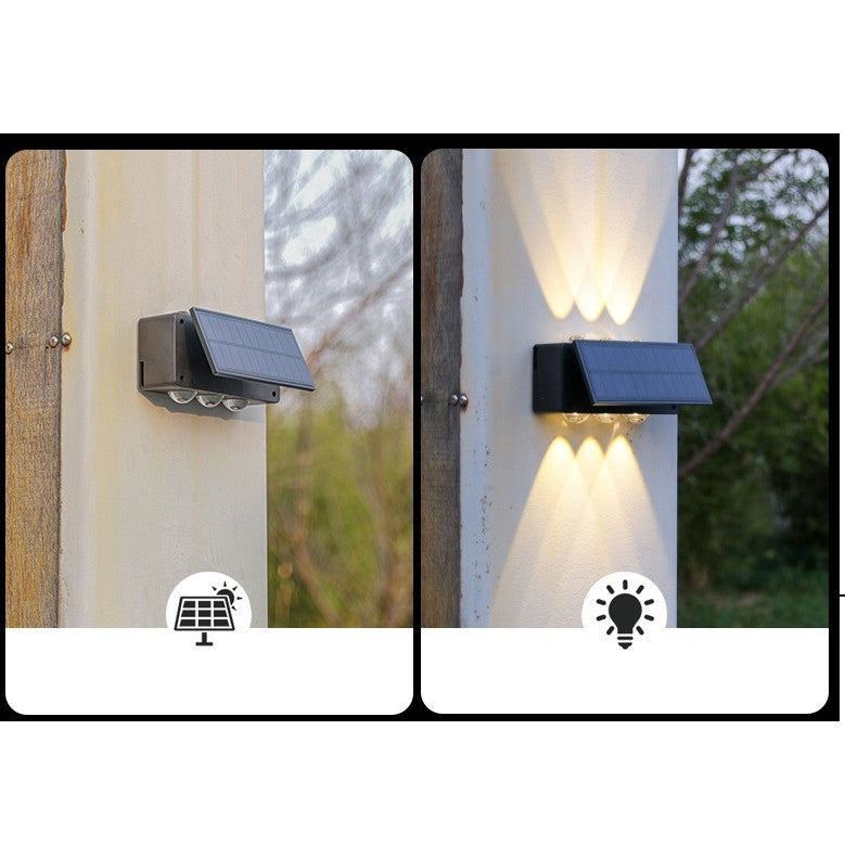 Lampa solara LED bidirectionala Kaveny, cu panou ajustabil, comutator culoare lumina, pentru perete, scari, gradina, terasa, 16 x 6.5 cm, 6 LED-uri, material ABS, baterie 3.7 V, 1200mah, multicolor