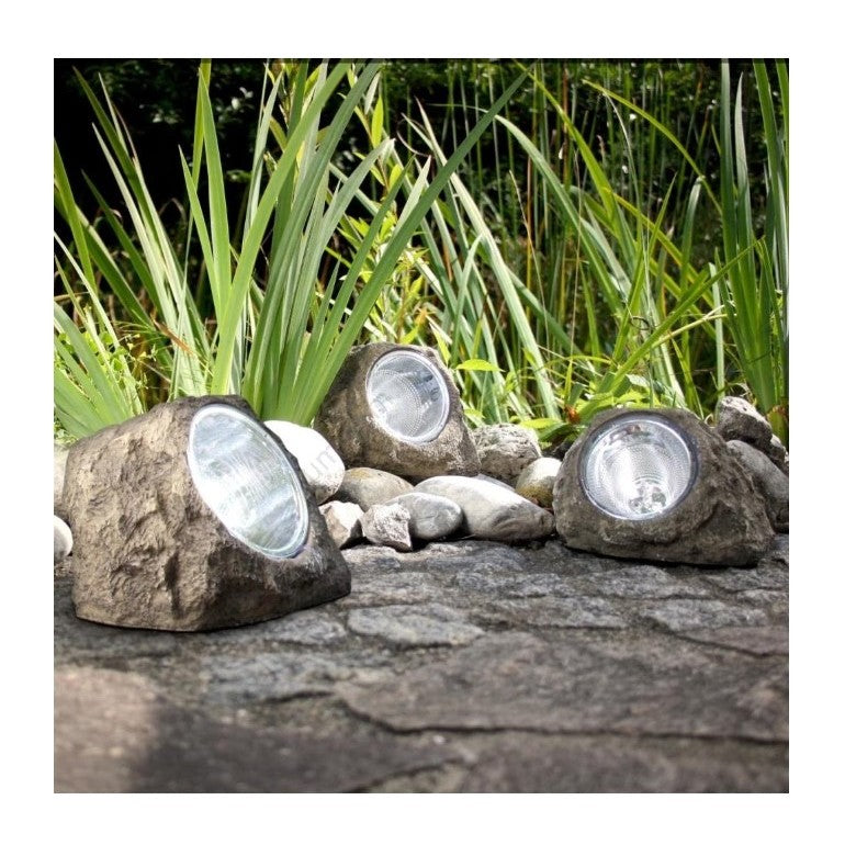 Lampa solara LED decorativa pentru gradina Kaveny, imitatie piatra, lumina puternica 4 LED-uri, 12 x 15 cm, material ABS, baterie Ni-MH, 600 mAh, panou solar 2V, lumina alb rece, gri