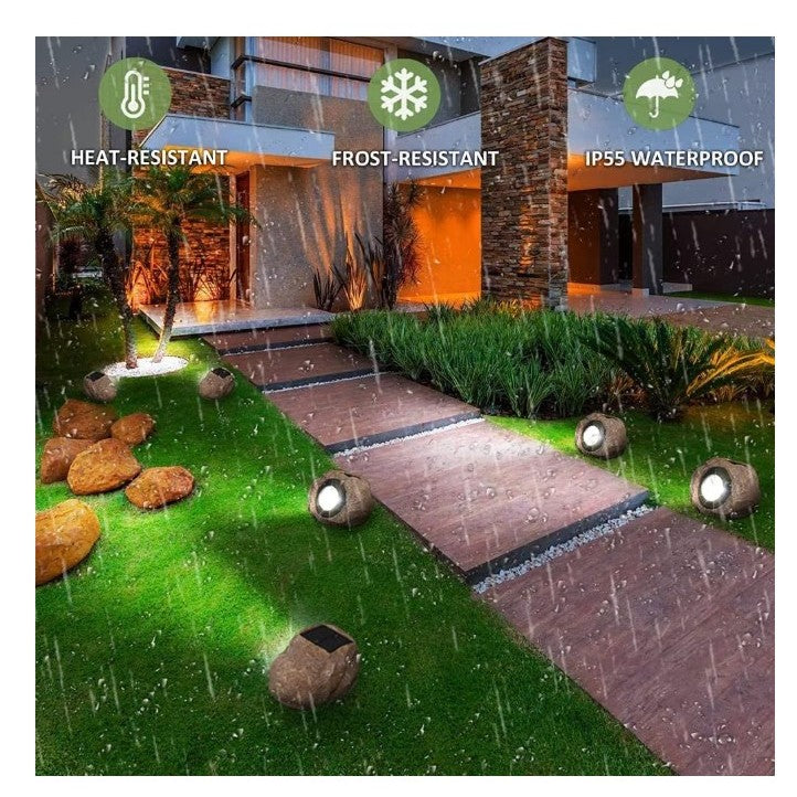 Lampa solara LED decorativa pentru gradina Kaveny, imitatie piatra, lumina puternica 4 LED-uri, 12 x 15 cm, material ABS, baterie Ni-MH, 600 mAh, panou solar 2V, lumina alb rece, gri