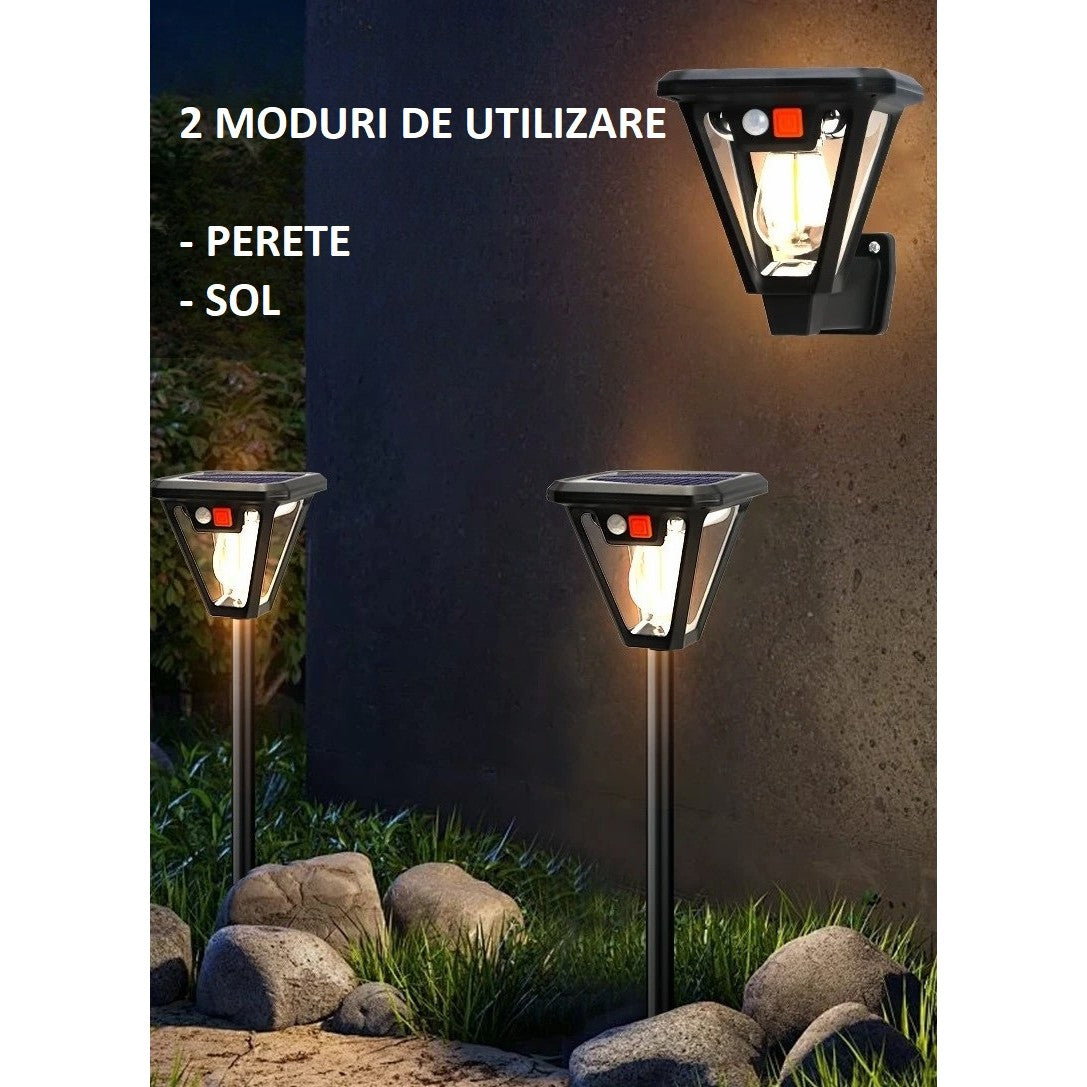 Lampa Solara LED, Kaveny, Tip Felinar, pentru Perete/Sol, 10.8 x 12.3 x 46 cm, 3 Moduri, Lumina Calda, din ABS si PP, Negru