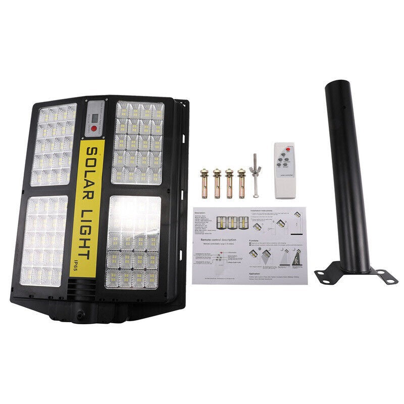 Lampa solara stradala Kaveny, cu telecomanda, senzor de miscare si lumina, suport prindere, 280 LED-uri, IP65, ABS, 12AH, 500W, temperatura culoare 6500K, 44.5x37.7x6.6 cm, autonomie 10-12 ore, negru
