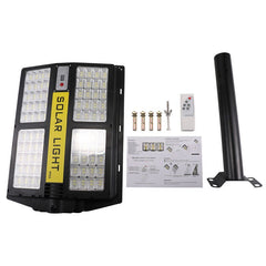 Lampa solara stradala Kaveny, cu telecomanda, senzor de miscare si lumina, suport prindere, 280 LED-uri, IP65, ABS, 12AH, 500W, temperatura culoare 6500K, 44.5x37.7x6.6 cm, autonomie 10-12 ore, negru