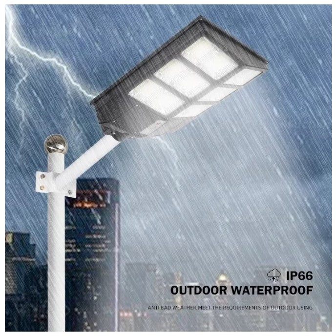 Lampa solara stradala Kaveny, cu telecomanda, senzor de miscare si lumina, suport prindere, 480 LED-uri, IP65, ABS, 15AH, 300W, temperatura culoare 6500K, 44.6x34.8x7.2 cm, autonomie 10-12 ore, negru