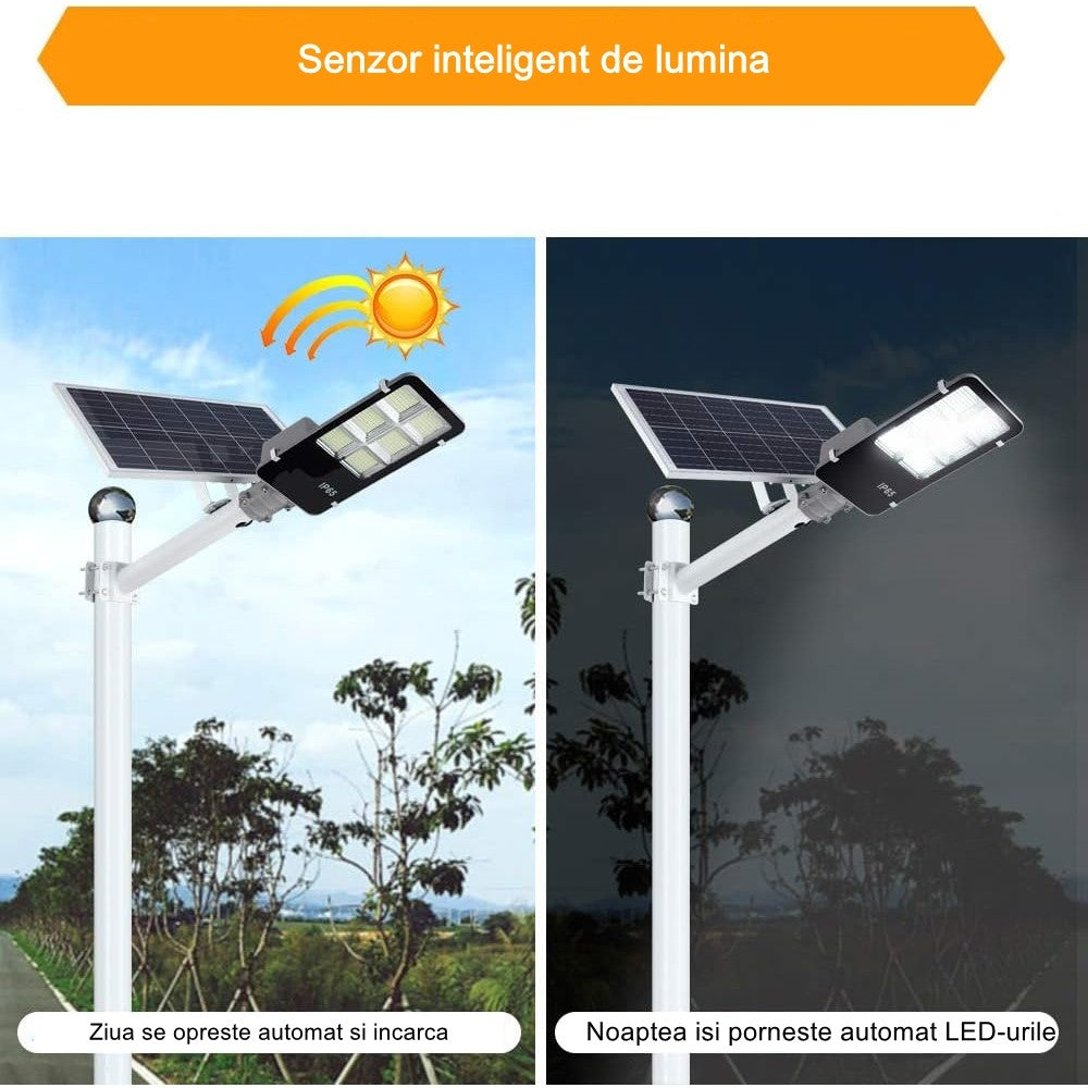 Lampa solara stradala Kaveny, IP65, senzor de lumina, 417 LED-uri SMD, 24000 lm, 300W, autonomie 12-16 ore, telecomanda, montare prin fixare, pentru strada sau gradina, finisaj lucios, material ABS, 49.5 x 21 x 6.5 cm, lumina alb rece