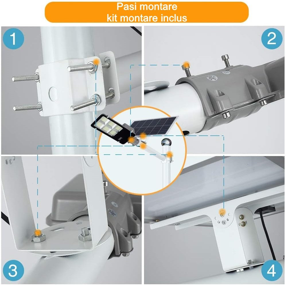 Lampa solara stradala Kaveny, IP65, senzor de lumina, 417 LED-uri SMD, 24000 lm, 300W, autonomie 12-16 ore, telecomanda, montare prin fixare, pentru strada sau gradina, finisaj lucios, material ABS, 49.5 x 21 x 6.5 cm, lumina alb rece