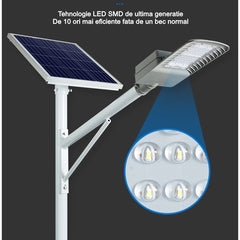 Lampa solara stradala Kaveny, IP65, senzor de lumina, 60 LED-uri SMD, 2250 lm, panou 25W, putere 200W, autonomie 12-16 ore, telecomanda, montare prin fixare, pentru strada sau gradina, finisaj mat, material ABS,  51.5 x 21 x 7.5, gri