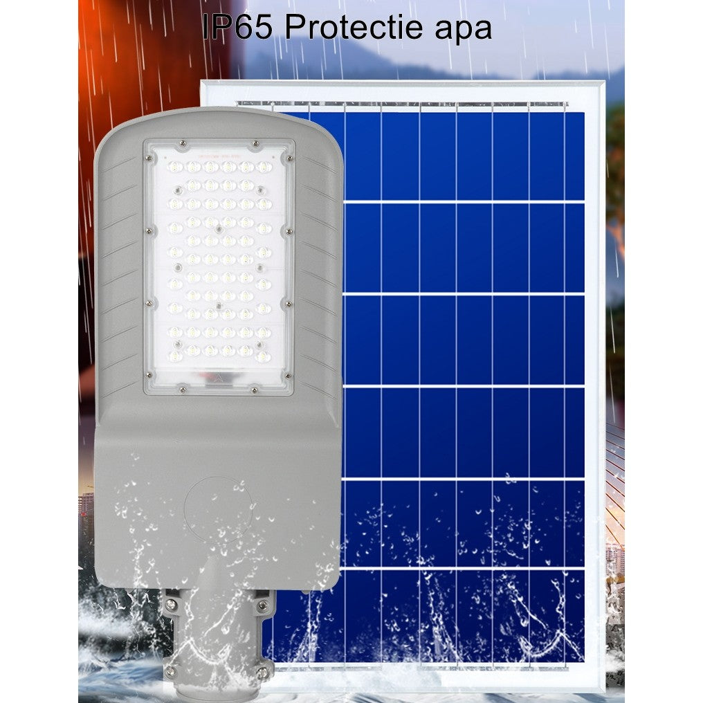 Lampa solara stradala Kaveny, IP65, senzor de lumina, 60 LED-uri SMD, 2250 lm, panou 25W, putere 200W, autonomie 12-16 ore, telecomanda, montare prin fixare, pentru strada sau gradina, finisaj mat, material ABS,  51.5 x 21 x 7.5, gri