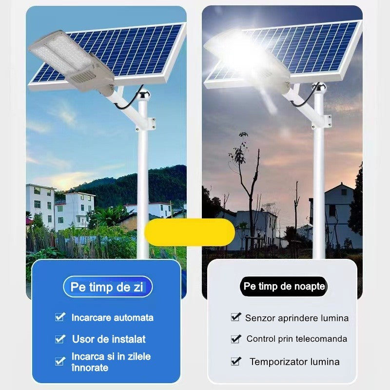 Lampa solara stradala Kaveny, pentru curte sau strada, cu doua grile, finisaj mat, rezistent la apa, montare prin fixare, senzor lumina, baterie de litiu, IP65, lumina rece, putere 300W, autonomie 10 ore, 51.5 x 21 cm, gri