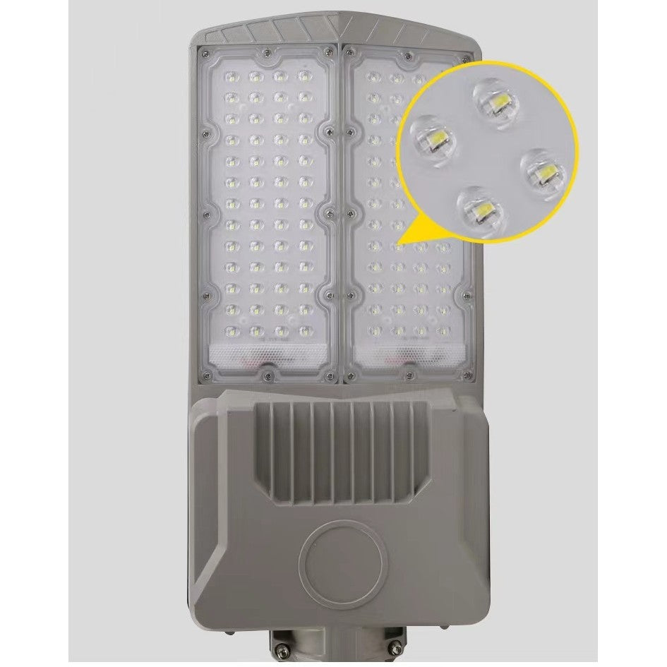 Lampa solara stradala Kaveny, pentru curte sau strada, cu doua grile, finisaj mat, rezistent la apa, montare prin fixare, senzor lumina, baterie de litiu, IP65, lumina rece, putere 300W, autonomie 10 ore, 51.5 x 21 cm, gri