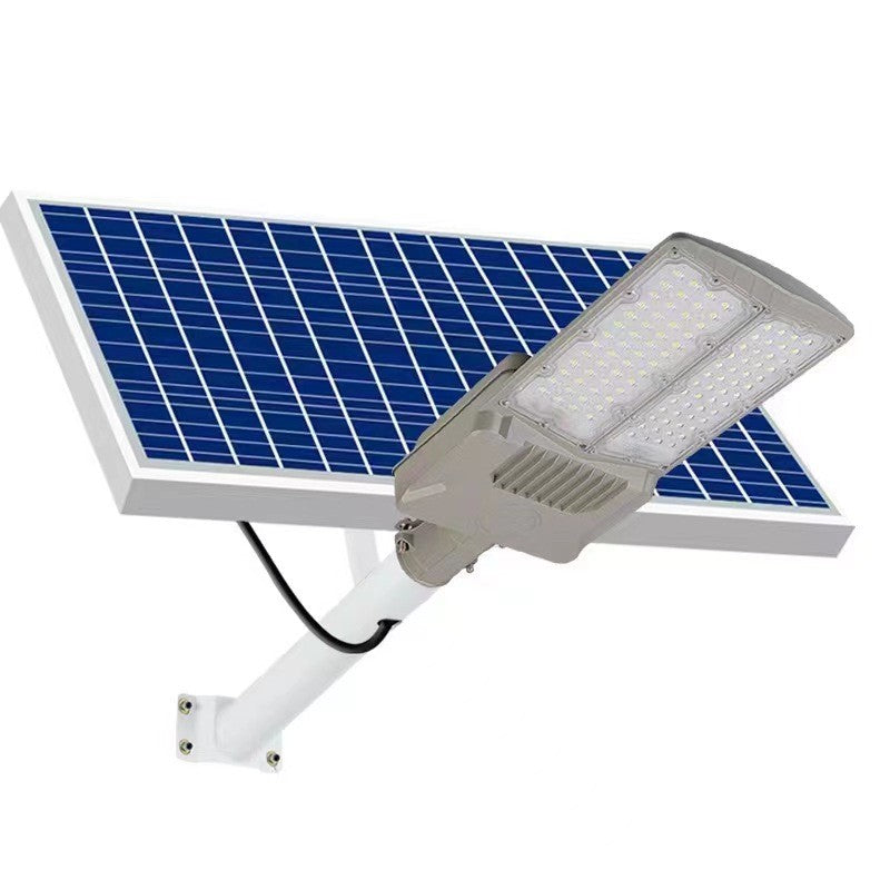 Lampa solara stradala Kaveny, pentru curte sau strada, cu doua grile, finisaj mat, rezistent la apa, montare prin fixare, senzor lumina, baterie de litiu, IP65, lumina rece, putere 300W, autonomie 10 ore, 51.5 x 21 cm, gri