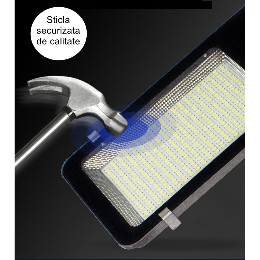 Lampa solara stradala Kaveny, pentru curte sau strada, finisaj lucios, rezistent la apa, montare prin fixare, senzor lumina, baterie de litiu, IP65, lumina rece, putere 200W, autonomie 10 ore, 49 x 21 x 6.5 cm, negru