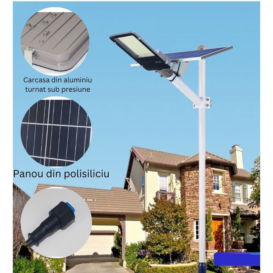 Lampa solara stradala Kaveny, pentru curte sau strada, finisaj lucios, rezistent la apa, montare prin fixare, senzor lumina, baterie de litiu, IP65, lumina rece, putere 500W, autonomie 10 ore, 49.5 x 21 x 9 cm, negru