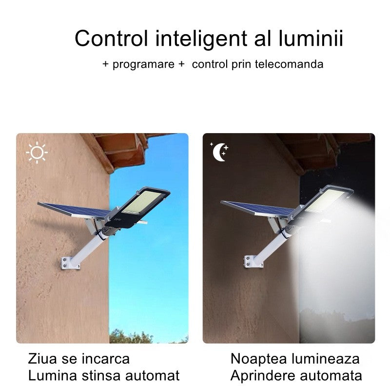 Lampa solara stradala Kaveny, pentru curte sau strada, finisaj lucios, rezistent la apa, montare prin fixare, senzor lumina, baterie de litiu, IP65, lumina rece, putere 500W, autonomie 10 ore, 49.5 x 21 x 9 cm, negru