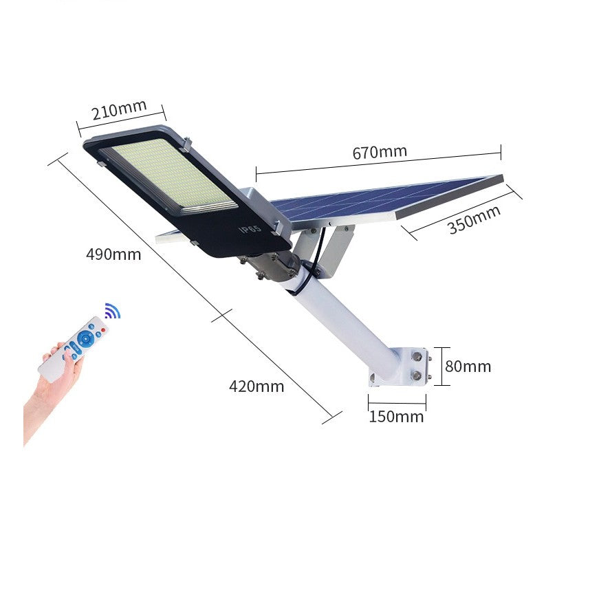 Lampa solara stradala Kaveny, pentru curte sau strada, finisaj lucios, rezistent la apa, montare prin fixare, senzor lumina, baterie de litiu, IP65, lumina rece, putere 500W, autonomie 10 ore, 49.5 x 21 x 9 cm, negru