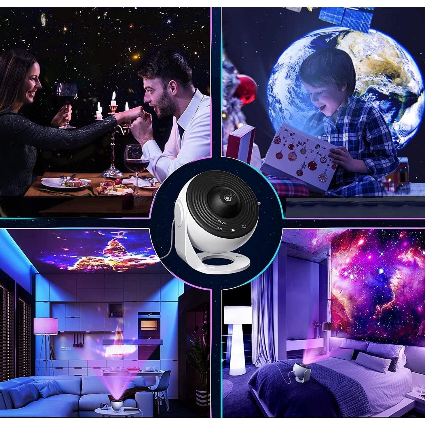 Lampa Tip Proiector Galaxie, Kaveny, pentru Dormitor, Tematica Cer Instelat, Model Glob, HD, Rotire 360 de Grade, 20 de Imagini, Incarcare USB, 10 W, 15x15 cm, Alb Negru