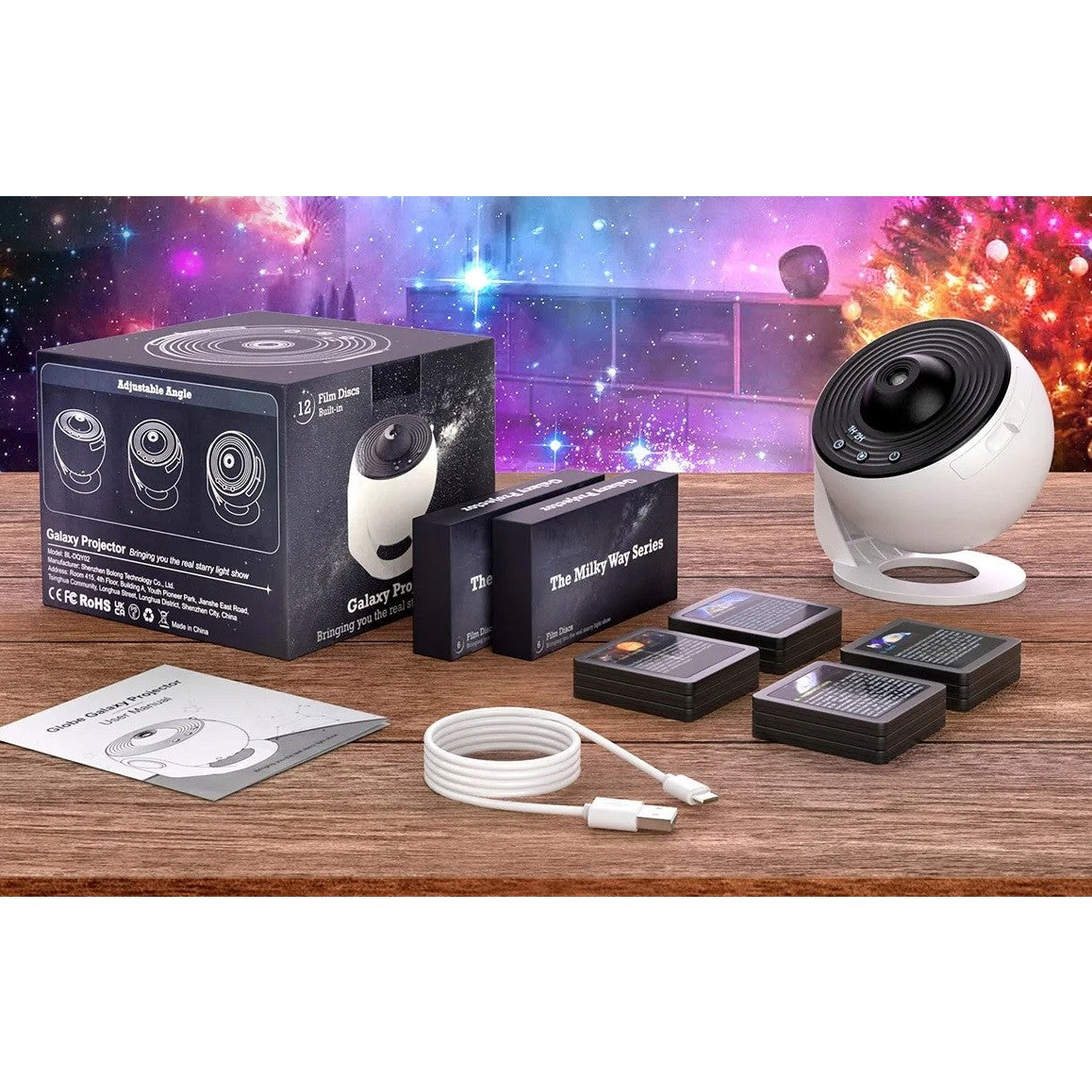 Lampa Tip Proiector Galaxie, Kaveny, pentru Dormitor, Tematica Cer Instelat, Model Glob, HD, Rotire 360 de Grade, 20 de Imagini, Incarcare USB, 10 W, 15x15 cm, Alb Negru