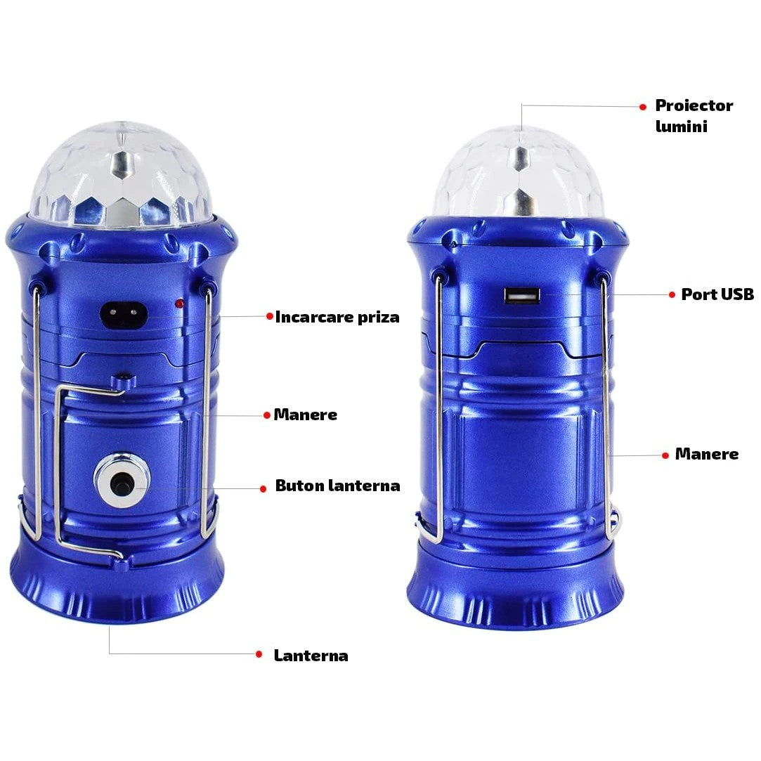 Lanterna pliabila de camping Magic cool cu lampa disc si USB Kaveny, Lanterna, Felinar, Acumulator 1200 mAh, reincarcabila, 6 LED + 1 W + 3C culori, Albastru