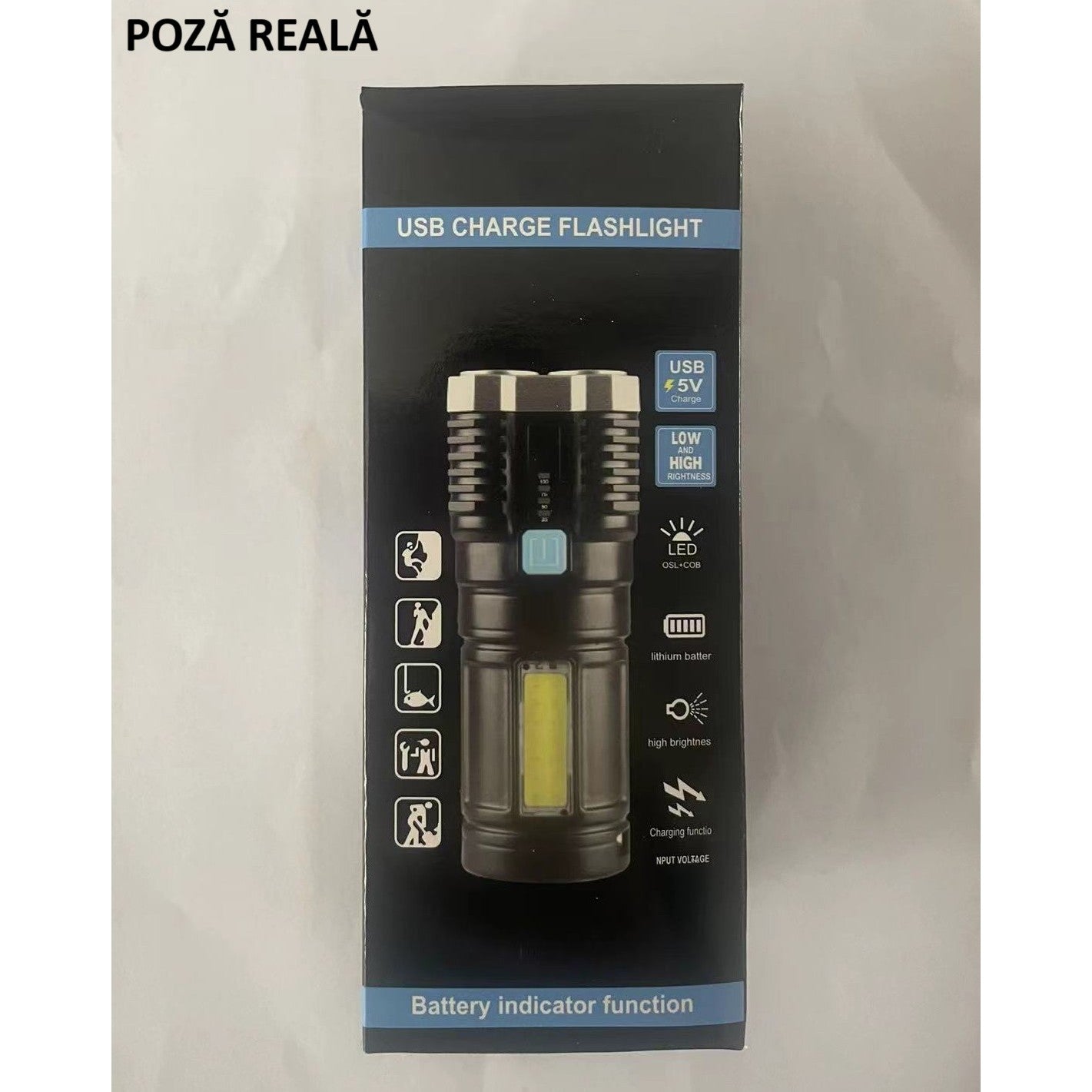 Lanterna LED Tactica 2 in 1, Kaveny, 4 Moduri de Iluminare, Tip Proiector COB, Rezistenta la Apa, Reincarcabila, USB, Lanterna de Drumetii, 13.6 x 5 cm, Negru