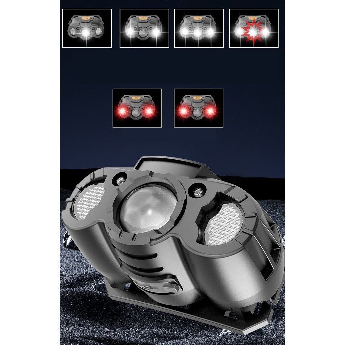 Lanterna LED de Cap, Kaveny, cu Suport Inclus, Incarcare USB Tip C, Raza 100-200m, 5W, 6 Trepte de Lumina, 400 mAh, Gri