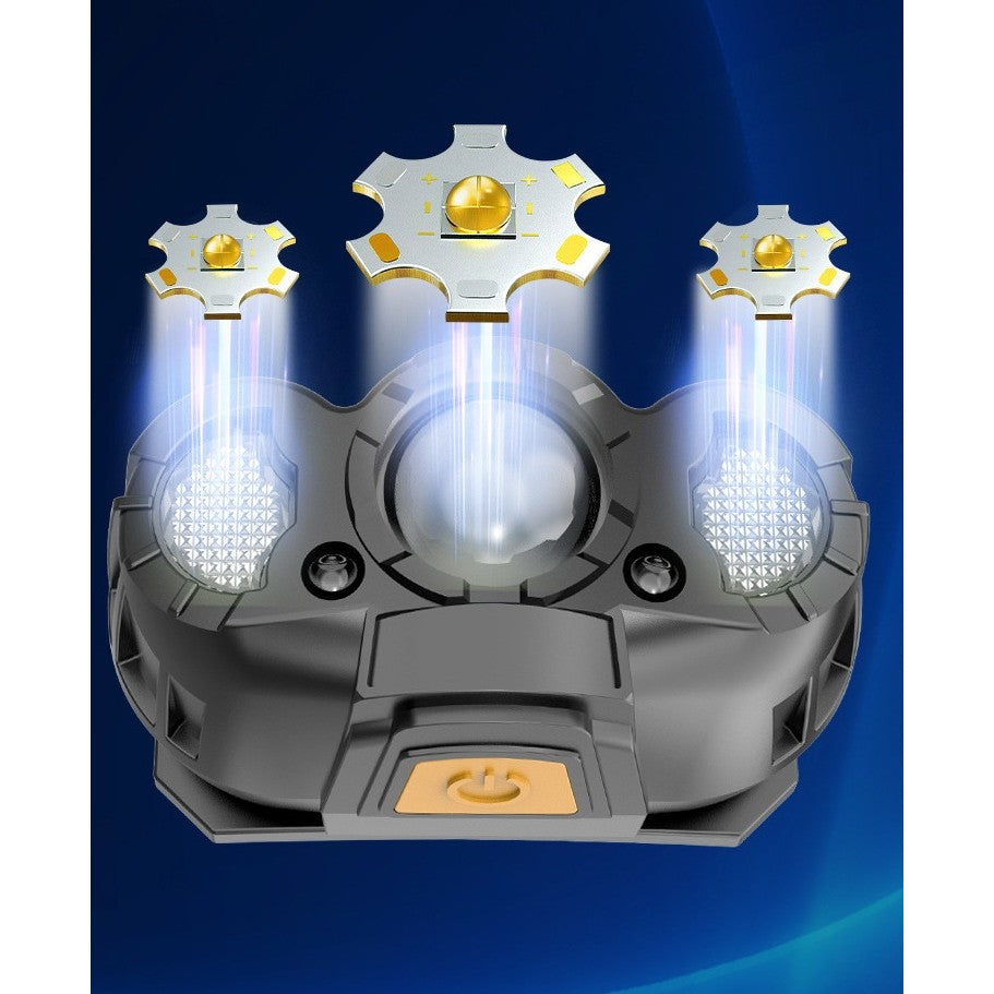 Lanterna LED de Cap, Kaveny, cu Suport Inclus, Incarcare USB Tip C, Raza 100-200m, 5W, 6 Trepte de Lumina, 400 mAh, Gri