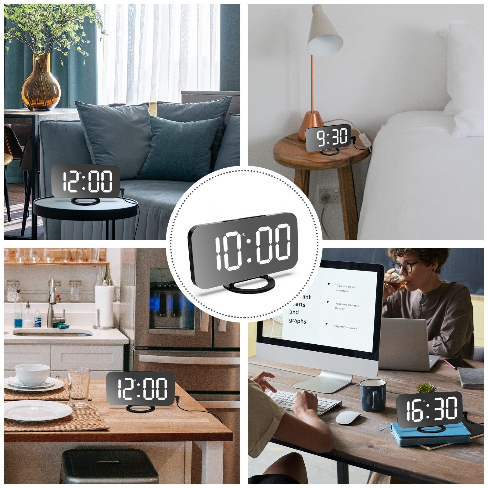 Ceas digital cu LED, Kaveny, multifunctional, afisaj digital, alarma, 2 porturi USB de iesire, ecran tip oglinda, modern, 15.8 cm, alb