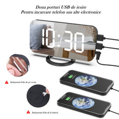 Ceas digital cu LED, Kaveny, multifunctional, afisaj digital, alarma, 2 porturi USB de iesire, ecran tip oglinda, modern, 15.8 cm, alb