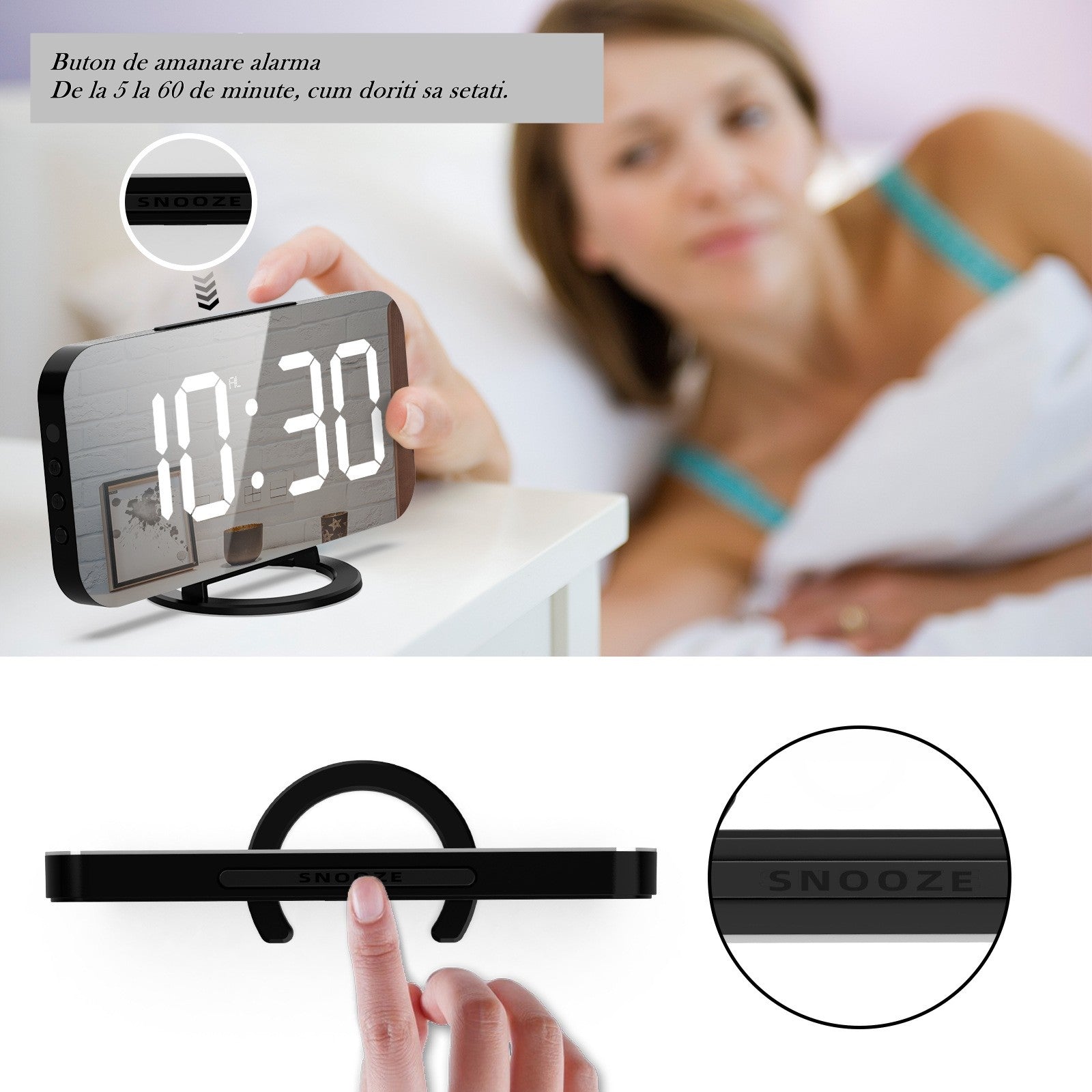 Ceas digital cu LED, Kaveny, multifunctional, afisaj digital, alarma, 2 porturi USB de iesire, ecran tip oglinda, modern, 15.8 cm, alb