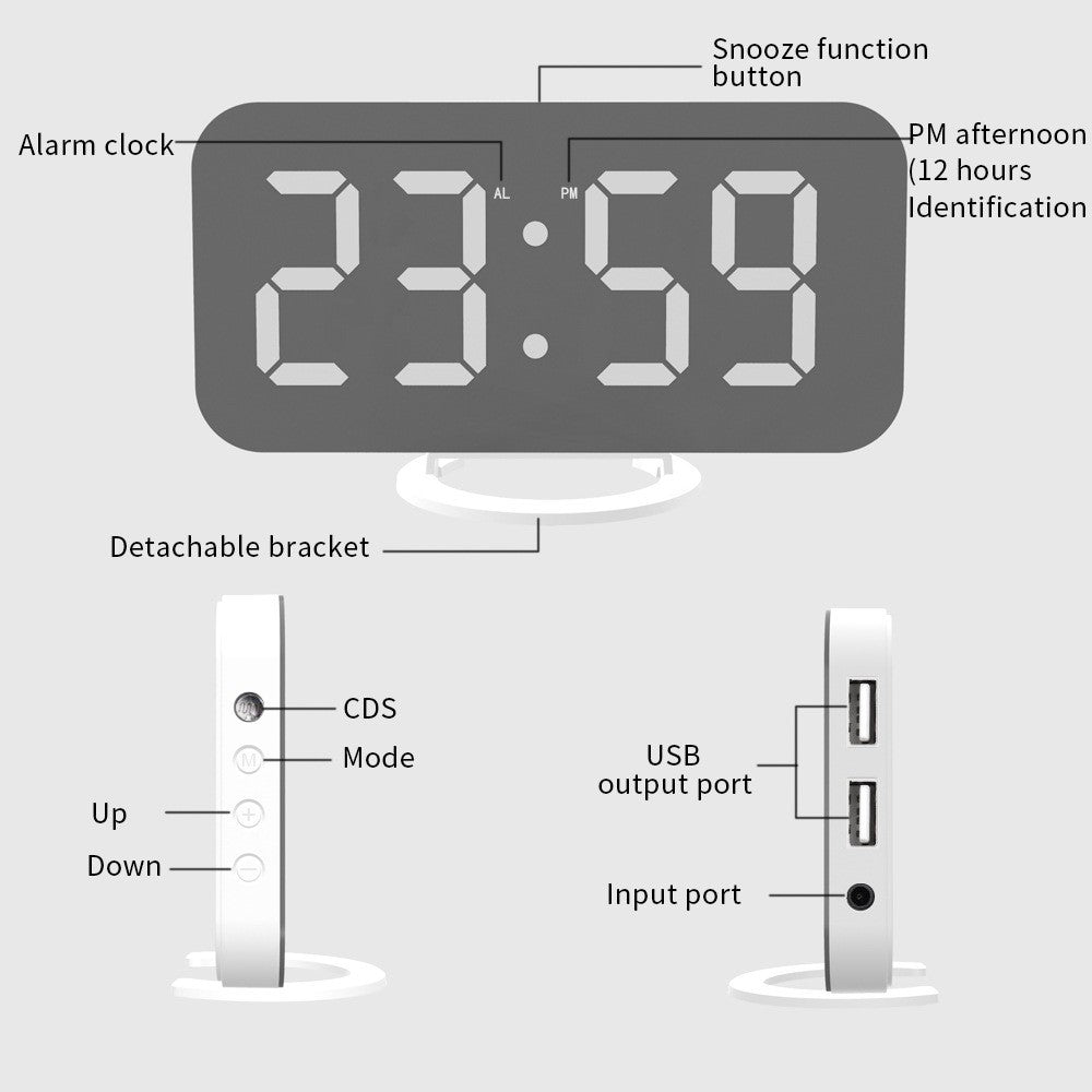 Ceas digital cu LED, Kaveny, multifunctional, afisaj digital, alarma, 2 porturi USB de iesire, ecran tip oglinda, modern, 15.8 cm, alb