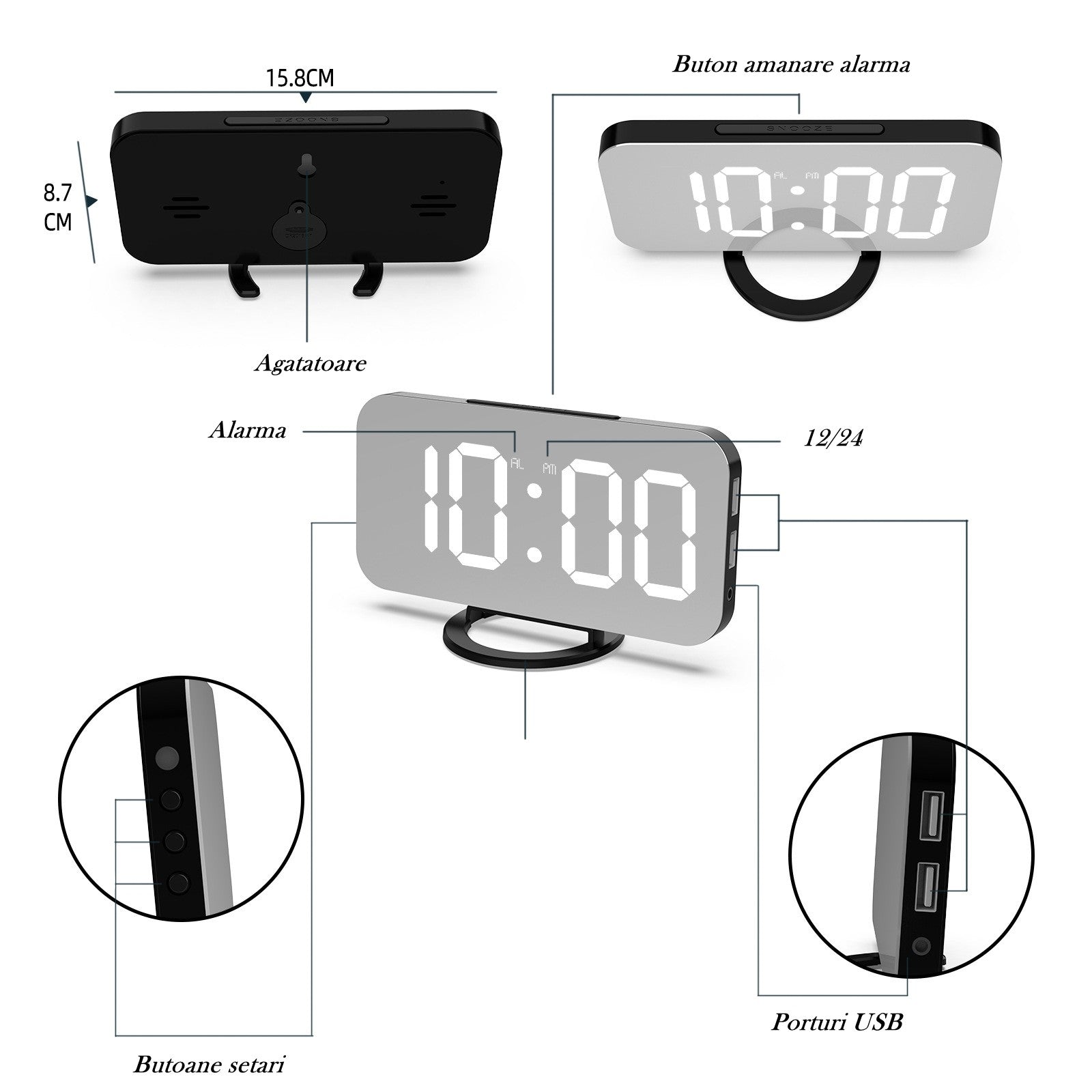 Ceas digital cu LED, Kaveny, multifunctional, afisaj digital, alarma, 2 porturi USB de iesire, ecran tip oglinda, modern, 15.8 cm, alb