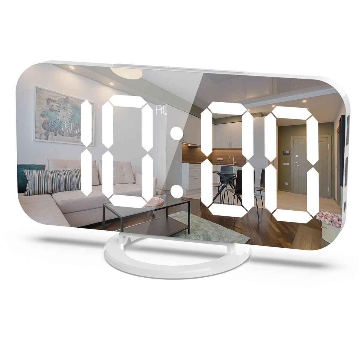 Ceas digital cu LED, Kaveny, multifunctional, afisaj digital, alarma, 2 porturi USB de iesire, ecran tip oglinda, modern, 15.8 cm, alb