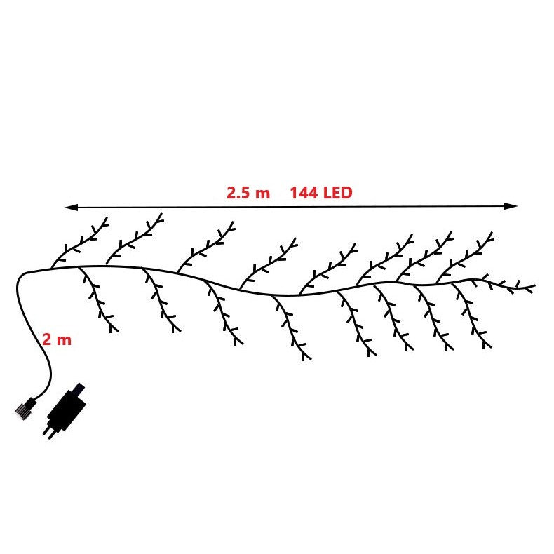 Instalatie Craciun tip Creanga Kaveny, 144 LED-uri, Conectare la Retea, 8 Jocuri de Lumini, Telecomanda, 2.5 m, Prelungitor 2 m, 3V, 1.5V, Fir Negru, Alb Cald