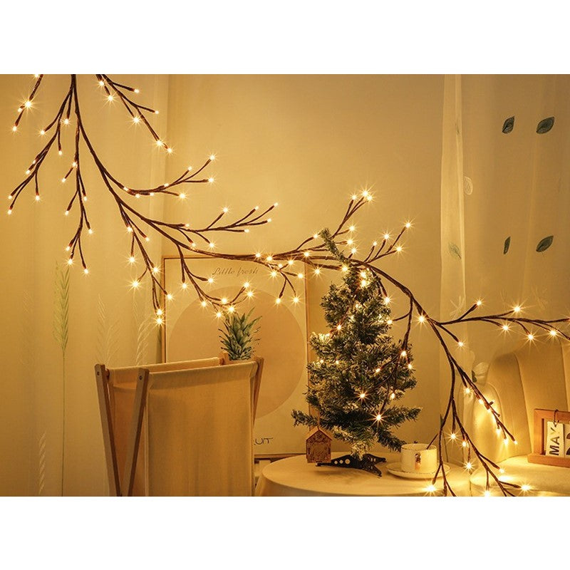 Instalatie Craciun tip Creanga Kaveny, 144 LED-uri, Conectare USB, 8 Jocuri de Lumini, Telecomanda, 2.5 m, Prelungitor 2 m, 3V, Fir Negru, Alb Cald