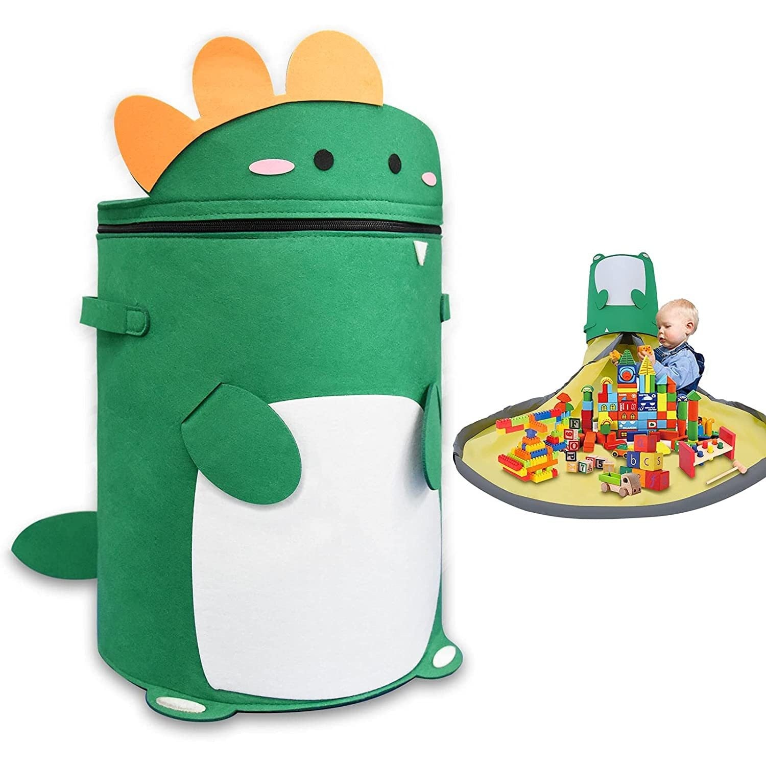 Cutie de Depozitare 2In1, Kaveny, Impermeabila, Covor pentru Jucarii si Lego 150cm, Capacitate Mare, cu Manere, cu Sfori, Inaltime 40cm, Model Dinozaur, Verde