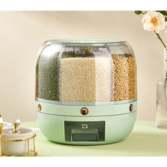 Dozator de cereale Kaveny, rotativ 360, 6 compartimente, capacitate 6 L, rezistent la umezeala, inchidere etansa, verde deschis