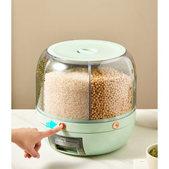 Dozator de cereale Kaveny, rotativ 360, 6 compartimente, capacitate 6 L, rezistent la umezeala, inchidere etansa, verde deschis