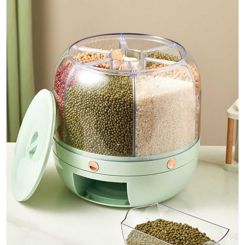 Dozator de cereale Kaveny, rotativ 360, 6 compartimente, capacitate 6 L, rezistent la umezeala, inchidere etansa, verde deschis