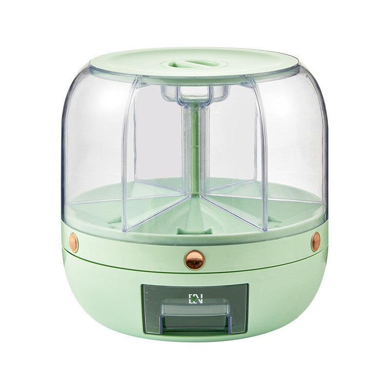 Dozator de cereale Kaveny, rotativ 360, 6 compartimente, capacitate 6 L, rezistent la umezeala, inchidere etansa, verde deschis
