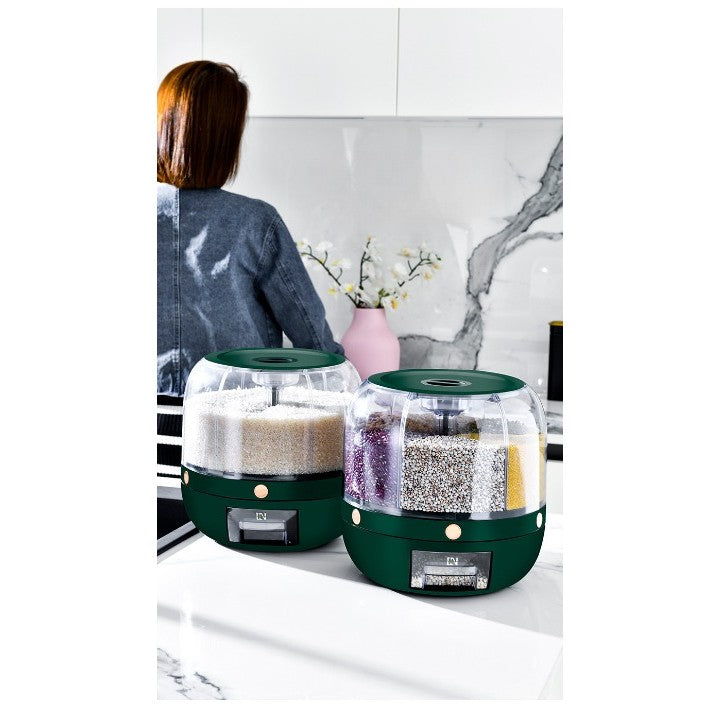 Dozator de cereale Kadeny, rotativ 360, 6 compartimente, capacitate 6 L, rezistent la umezeala, inchidere etansa, verde
