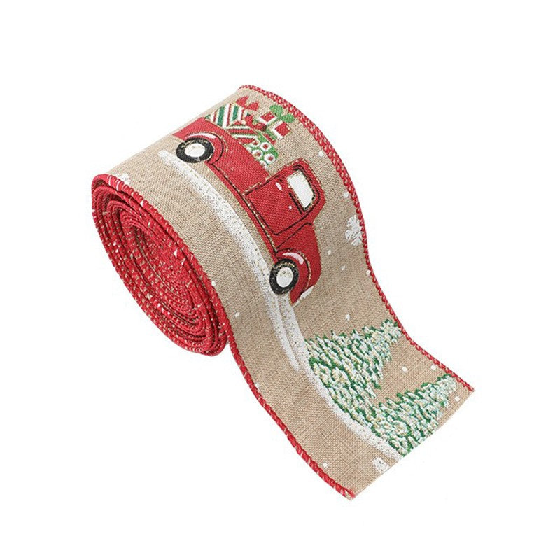 Panglica Decorativa pentru Craciun, Kadeny, Ornament pentru Brad de Craciun, Pretreceri, Panglica cu Design Masina Rosie, 200 x 6.3 cm, Khaki 