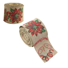 Panglica Decorativa pentru Craciun, Kadeny, Ornament pentru Brad de Craciun, Pretreceri, Panglica cu Design Floare Rosie si Merry Christmas, 200 x 6.3 cm, Khaki 