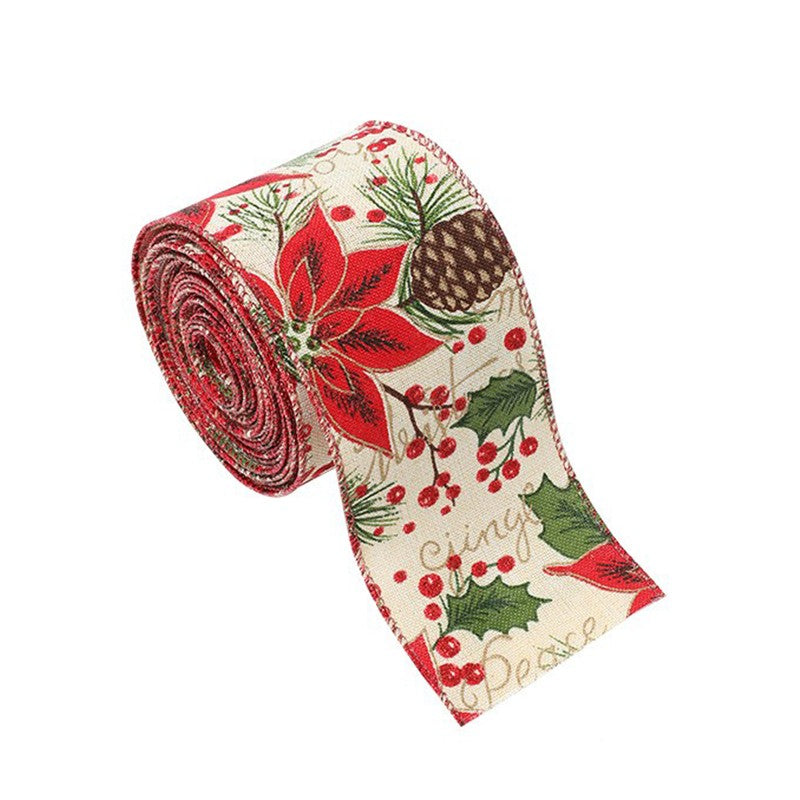 Panglica Decorativa pentru Craciun, Kadeny, Ornament pentru Brad de Craciun, Pretreceri, Panglica cu Design Conuri si Floare Rosie, 200 x 6.3 cm, Khaki 