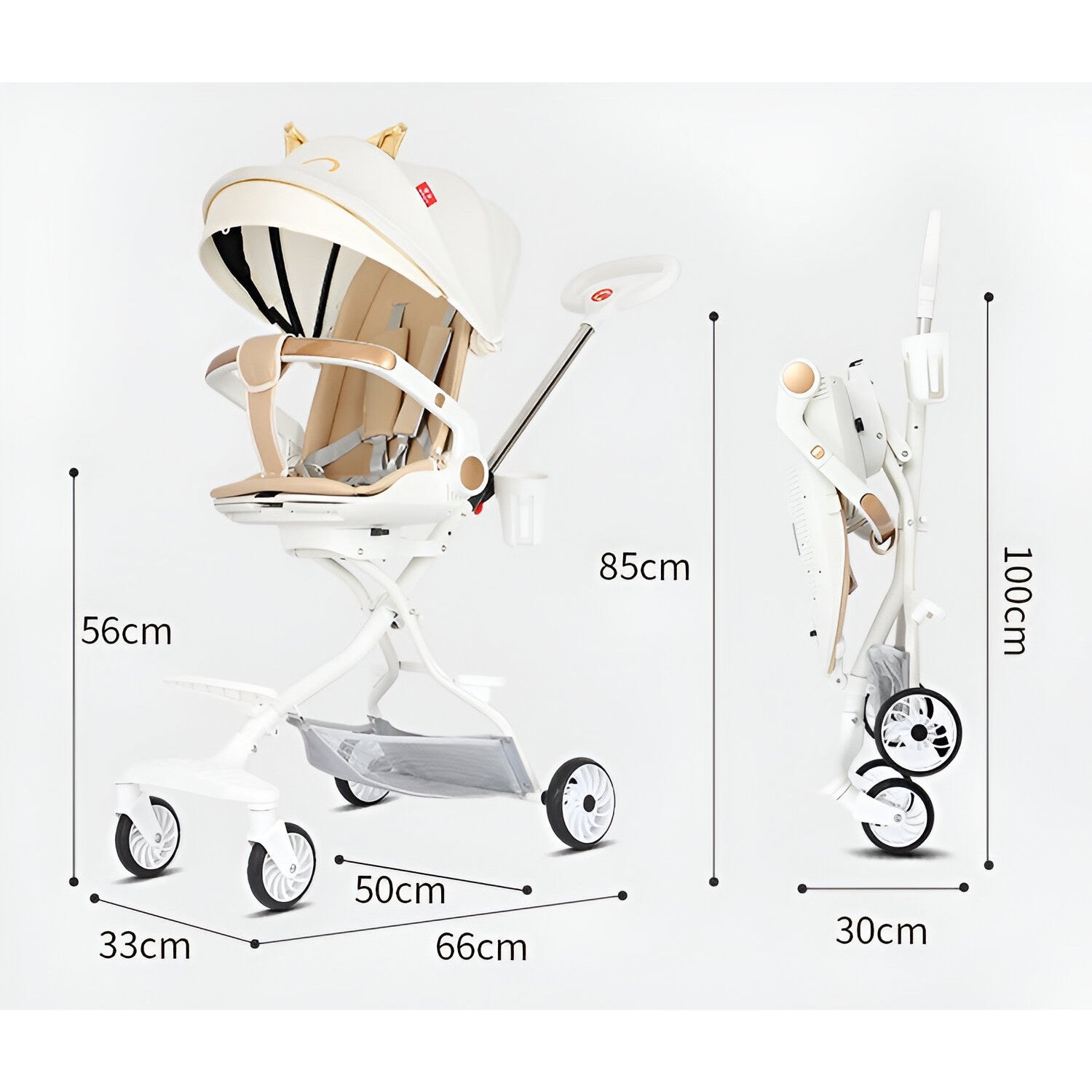 Carucior Sport Kaveny 3in1, 6-36 Luni, Reversibil, Pliabil, Tavita pentru Masa, Pozitie de Somn, Centura de Siguranta, Roti 360, Suport Pahar, Copertina pentru Soare, 33x66x85cm, Alb Model Pisica