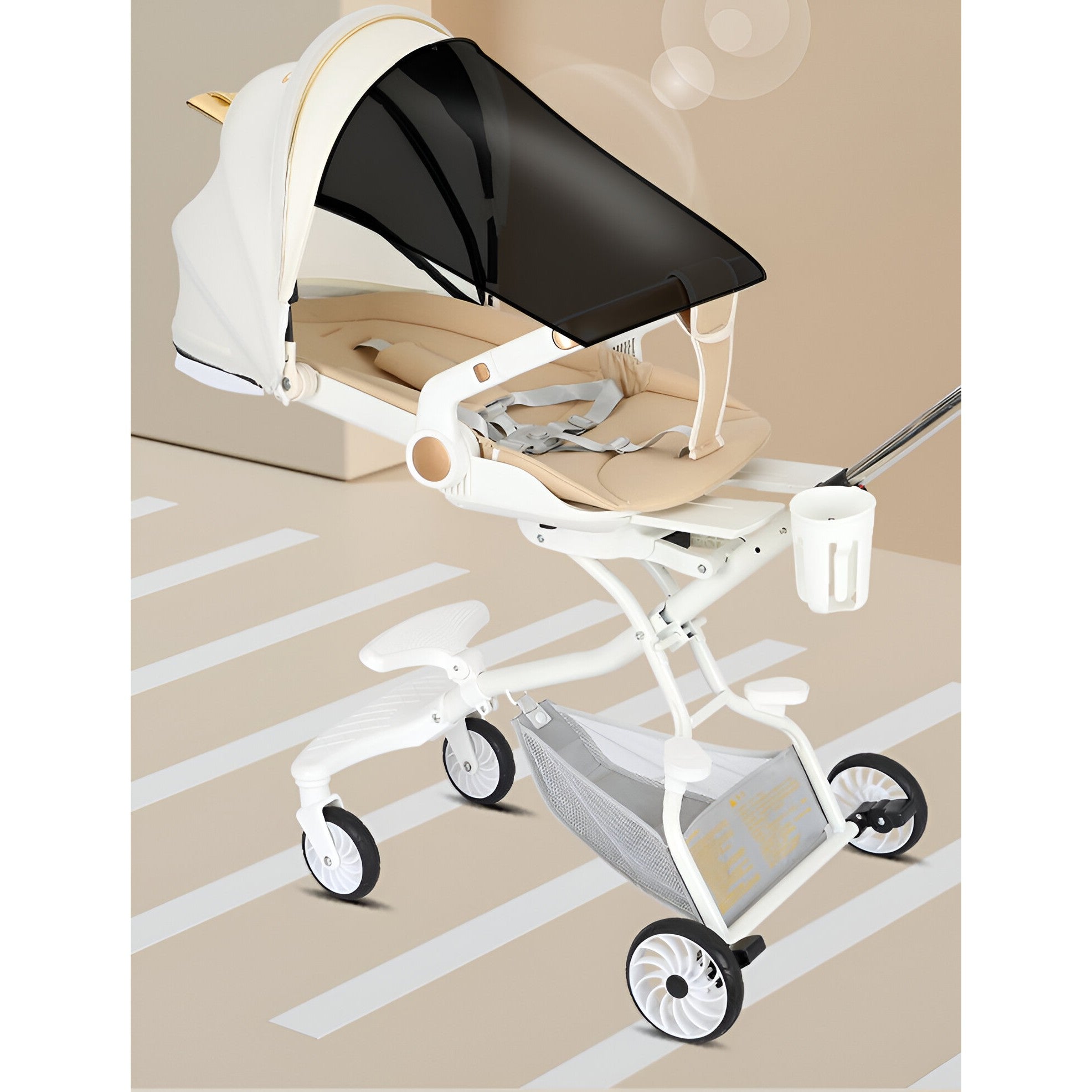 Carucior Sport Kaveny 3in1, 6-36 Luni, Reversibil, Pliabil, Tavita pentru Masa, Pozitie de Somn, Centura de Siguranta, Roti 360, Suport Pahar, Copertina pentru Soare, 33x66x85cm, Alb Model Pisica