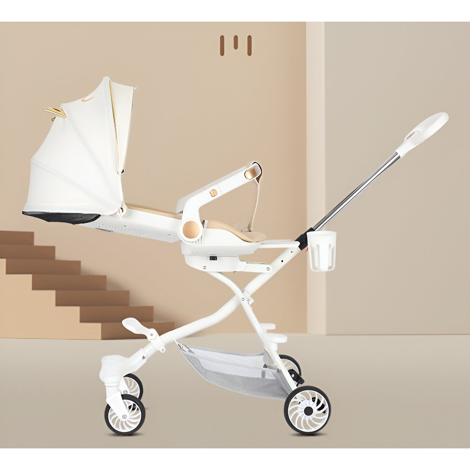 Carucior Sport Kaveny 3in1, 6-36 Luni, Reversibil, Pliabil, Tavita pentru Masa, Pozitie de Somn, Centura de Siguranta, Roti 360, Suport Pahar, Copertina pentru Soare, 33x66x85cm, Alb Model Pisica