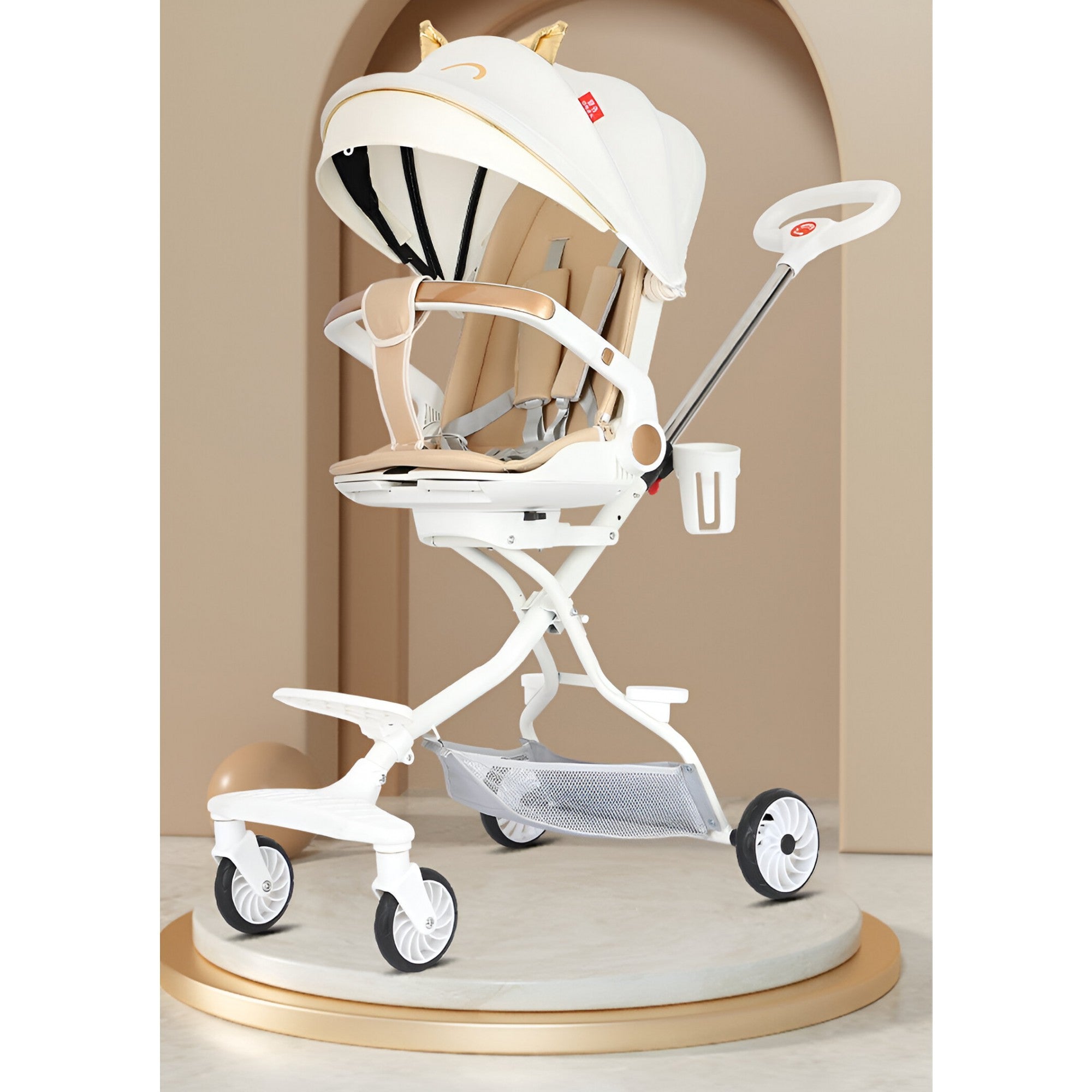 Carucior Sport Kaveny 3in1, 6-36 Luni, Reversibil, Pliabil, Tavita pentru Masa, Pozitie de Somn, Centura de Siguranta, Roti 360, Suport Pahar, Copertina pentru Soare, 33x66x85cm, Alb Model Pisica