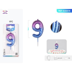 Lumanari aniversare pentru tort PartyGo cifra 9, 6cm, mov / albastru, EA0419, set 6 buc