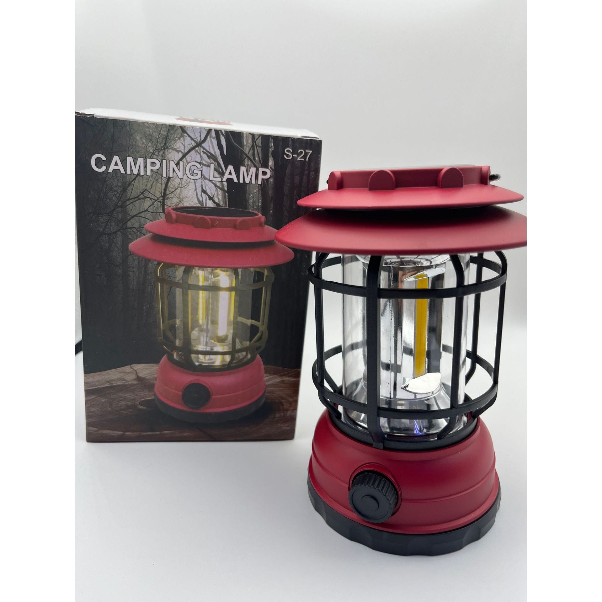 Lampa portabila camping, Felinar Vintage, ABS, Iluminare 30 COB LED, Intensitate reglabila, Acumulator inclus, Incarcare Solara si USB, 5W, Kadeny, Rosu