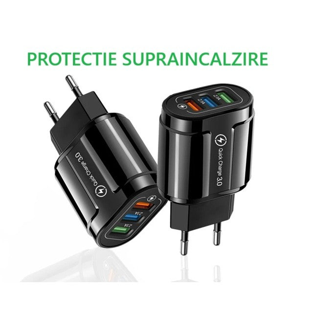 Incarcator Rapid QC3.0, Kadeny, 3 Porturi USB, 2.1A, 18W, din ABS, Protectie Supraincalzire, Gama Macarons, Negru