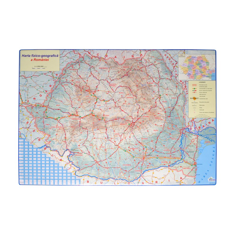 Mapa birou PAG, harta fizico-geografica Romania, 43x61cm