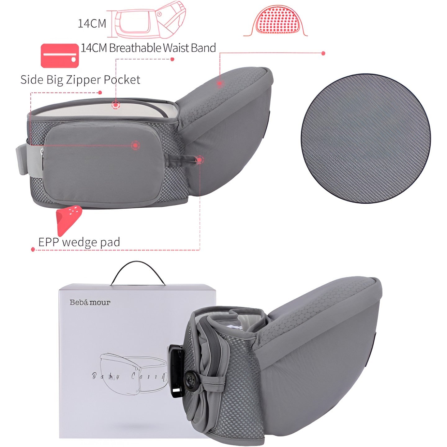 Marsupiu Ergonomic 3in1, Kaveny, pentru Bebelusi si Copii, 0-36 Luni, Bretele Reglabile pentru Umar si Sold, Inchidere Catarama, 125x25x14 cm, Gri